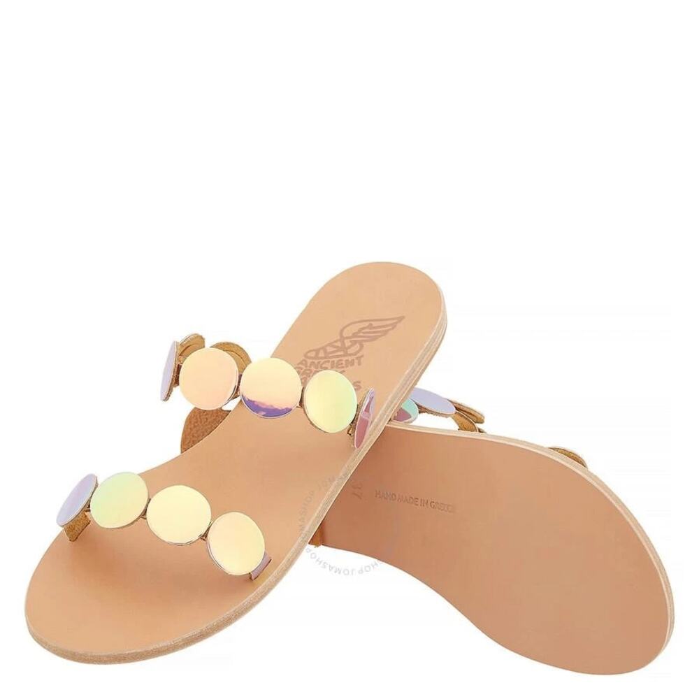 Ancient Greek St Tropez Holographic Leather Flat Slides Sandals Rainbow EU 38